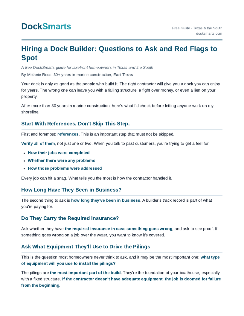 First page of the guide Hiring a Dock Builder